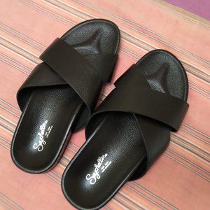 Black Leather Slides